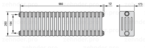 Схема (чертеж) Радиатор Zehnder Charleston 5026/21 №1270 Белый глянцевый RAL 9016